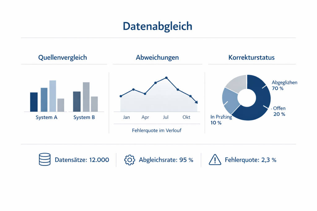 Beim Datenabgleich werden die Daten aus verschiedenen Quellen miteinander verglichen. Mögliche Inkonsistenzen entstehen durch händische Übertragung, Fehler in der Schnittstelle, unvollständige Pflege, verteilte Systeme, fehlerhafte Bedienung.